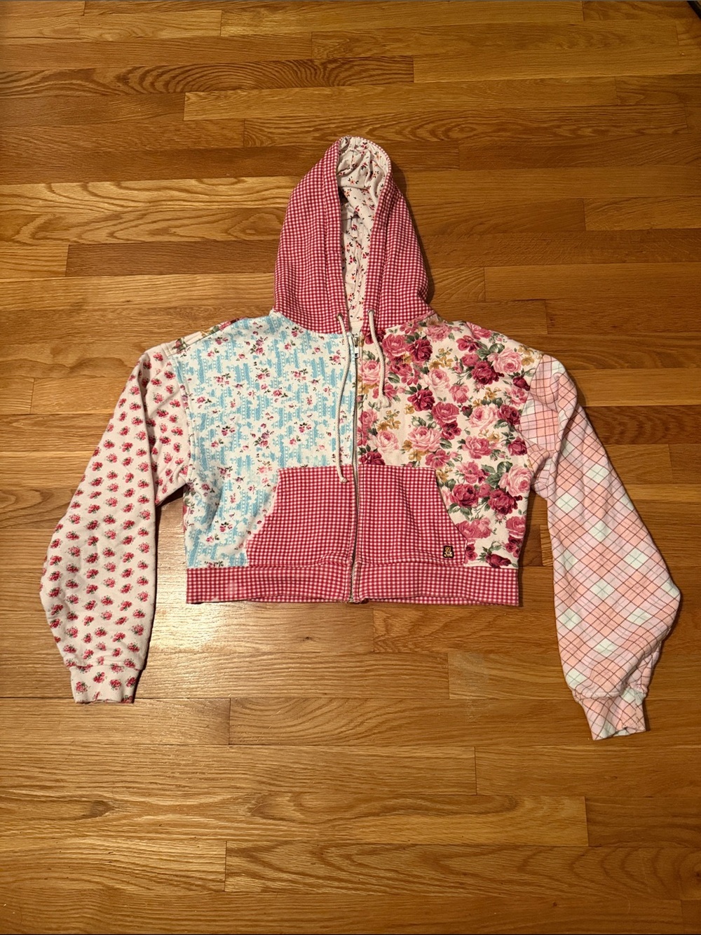 Teddy Fresh Pink Patchwork Floral & Gingham Zip Hoodie
